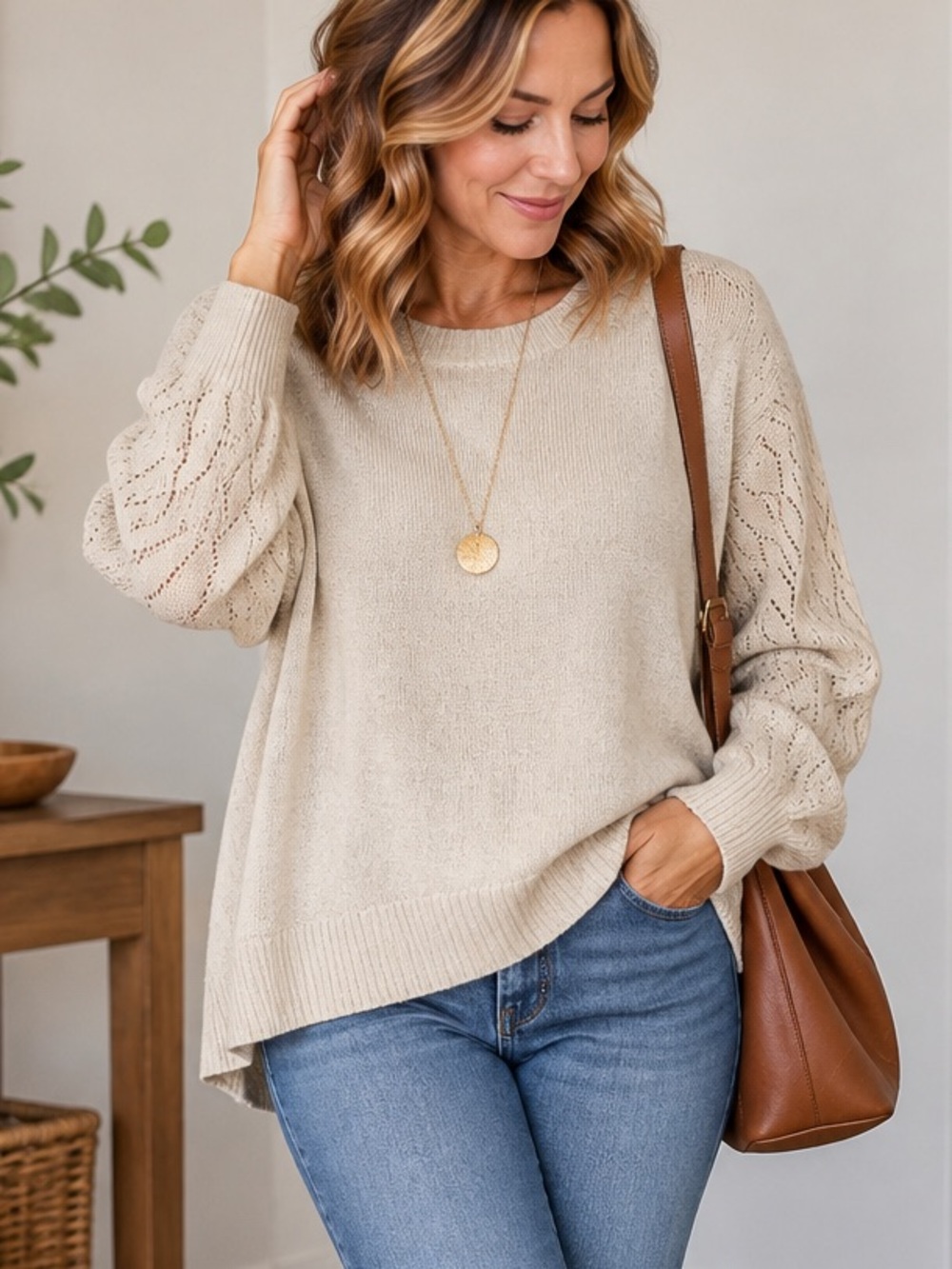 Style & Co. Cream Knit Crewneck Sweater with Lace Balloon Sleeves